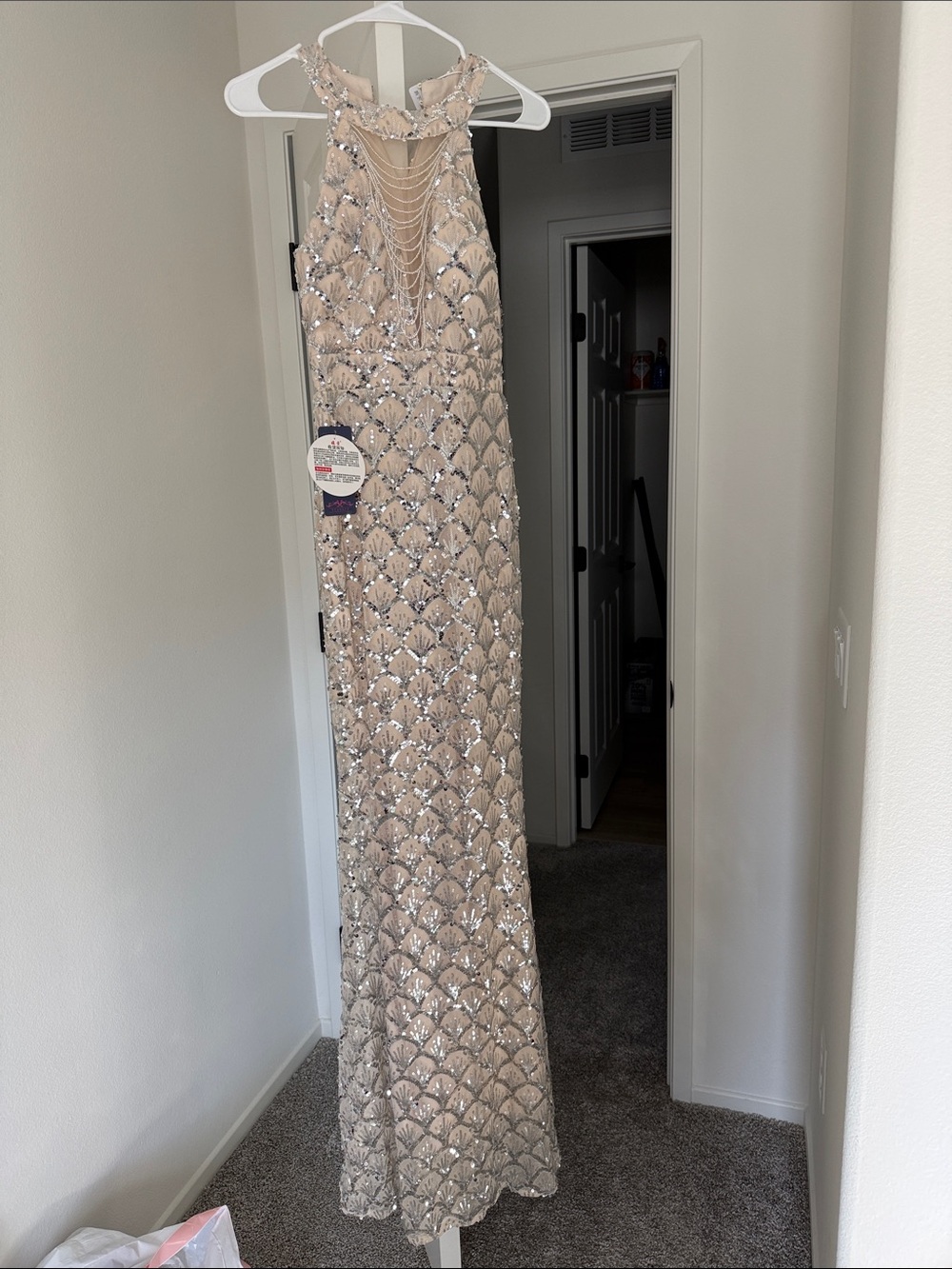 Beaded Champagne Evening Gown with Sheer Chains